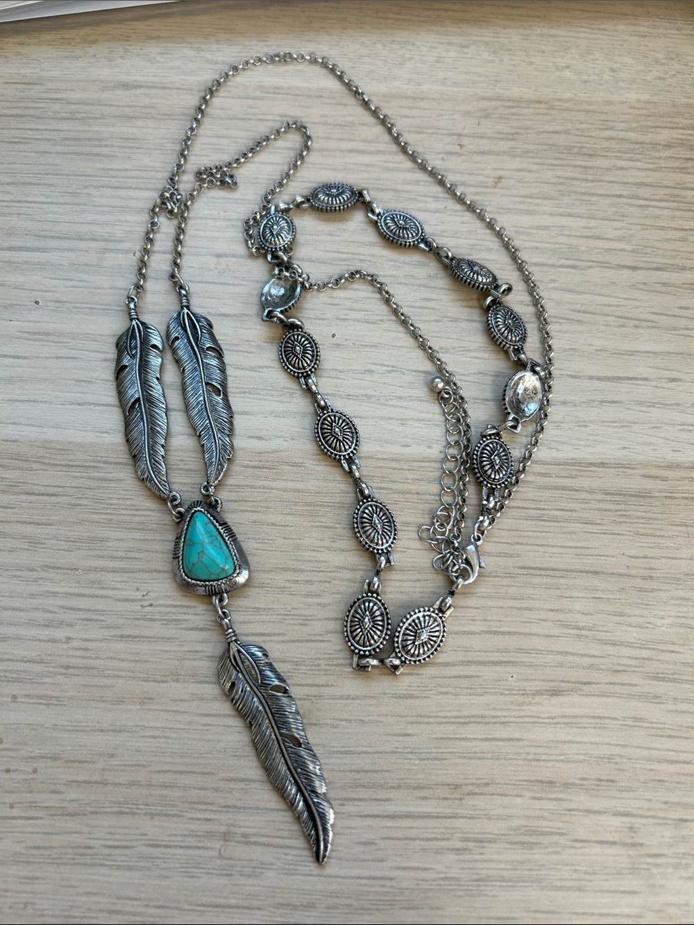 Silver-tone Feather & Turquoise Pendant Necklace - Women Jewelry